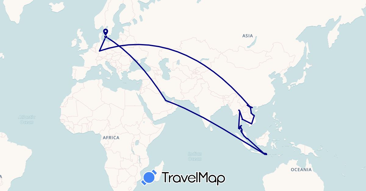 TravelMap itinerary: driving in Germany, Denmark, Indonesia, Malaysia, Qatar, Singapore, Thailand, Vietnam (Asia, Europe)